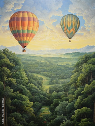Skyward Serenity: Dreamy Hot Air Balloon Paintings Over Rolling Hills and Green Canopy © Michael