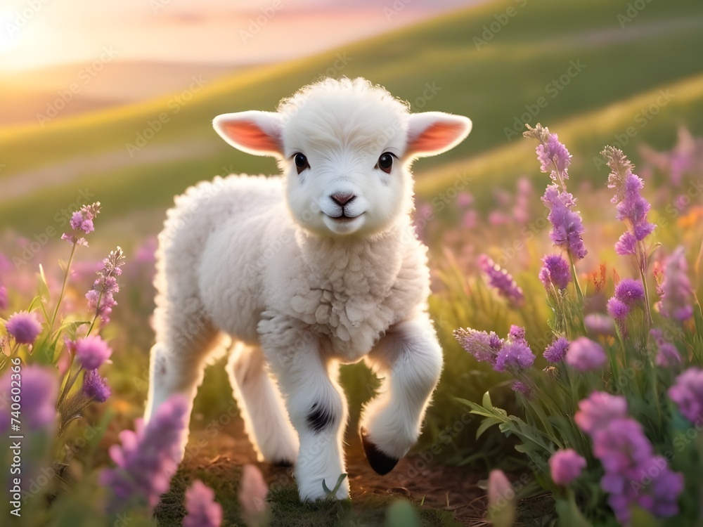 Playful Baby Lamb Running Through Wildflowers, Cute baby animal wallpaper, Beautiful baby sheep, Cute baby animals for kid's room wall art, wall decoration arts for kid's room