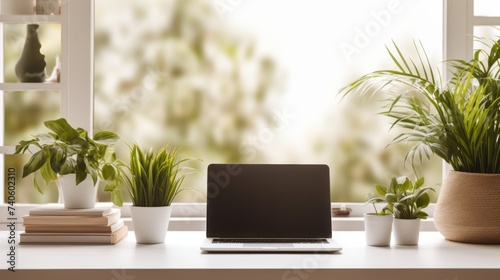 Desk with mockup blank screen laptop, books and plant, minimal background