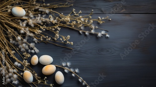 Flat lay easter composition with branches and eggs on a wooden background