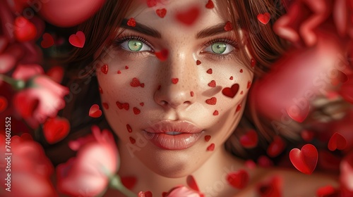 Beautiful woman with green eyes in romantic world full of hearts and kisses covered with red velvet and pink some. Generative AI.