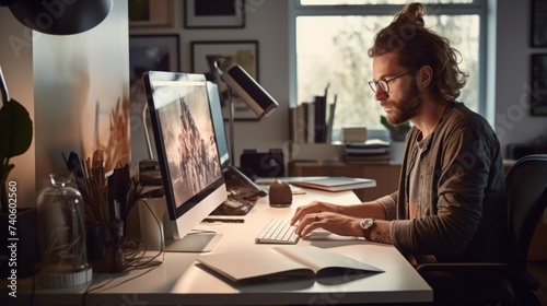 A young handsome creative graphic designer, Artist, Photographer, Videographer at a computer in a modern bright office.