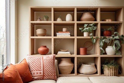 Netherlands-inspired Modern Flat: Terra Cotta Pillow Accents with Grid Shelving Unit © Michael