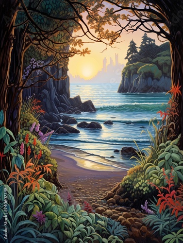 Enchanted Forest Illustrations: Magical Shores and Beach Scene on Forested Coast