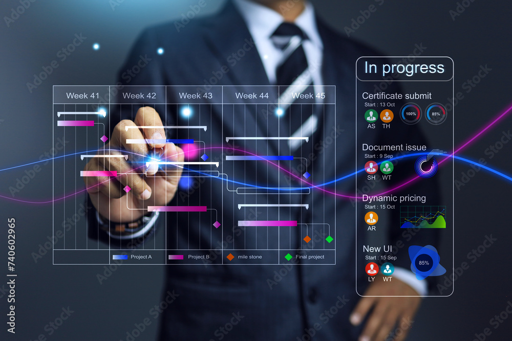 Businessman follow up progress of project work by using weekly gantt chart and graphic show the progress of team member on job status dashboard - obrazy, fototapety, plakaty 