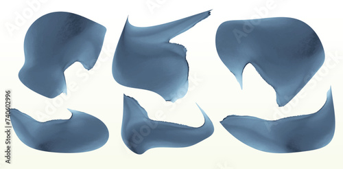 Set of watercolor paint strokes. Isolated brush strokes in collection. Blue paint stains, smooth liquid shapes, graphic design element for frame, board, pattern, other artwork. Vector illustration.
