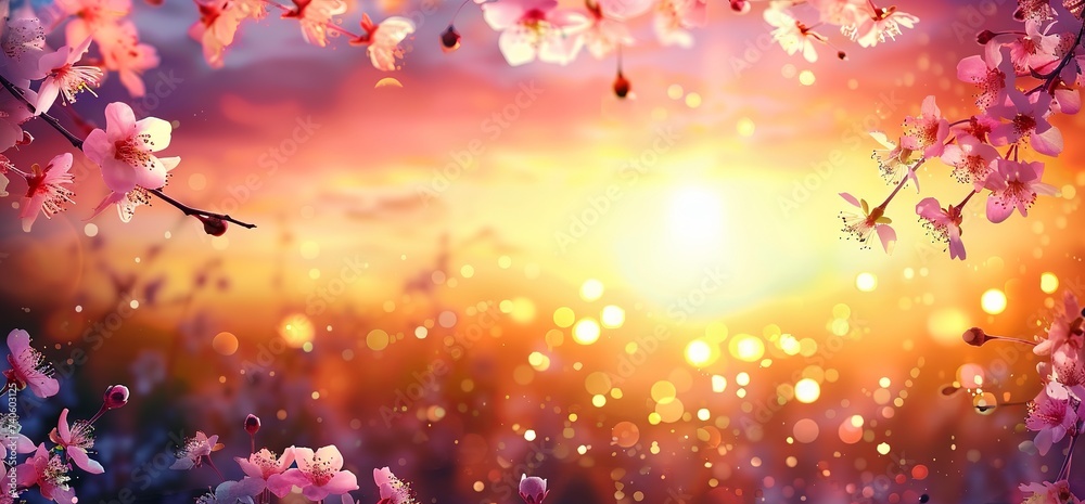 Springtime Canvas - An Artistic Background featuring Pink Blossoms at Sunset, Capturing the Ethereal Beauty of the Season. Made with Generative AI Technology