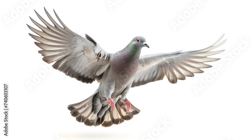 A pigeon flies with open wings