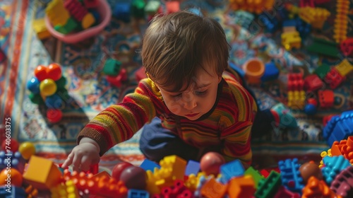 a child playing with colorful toys