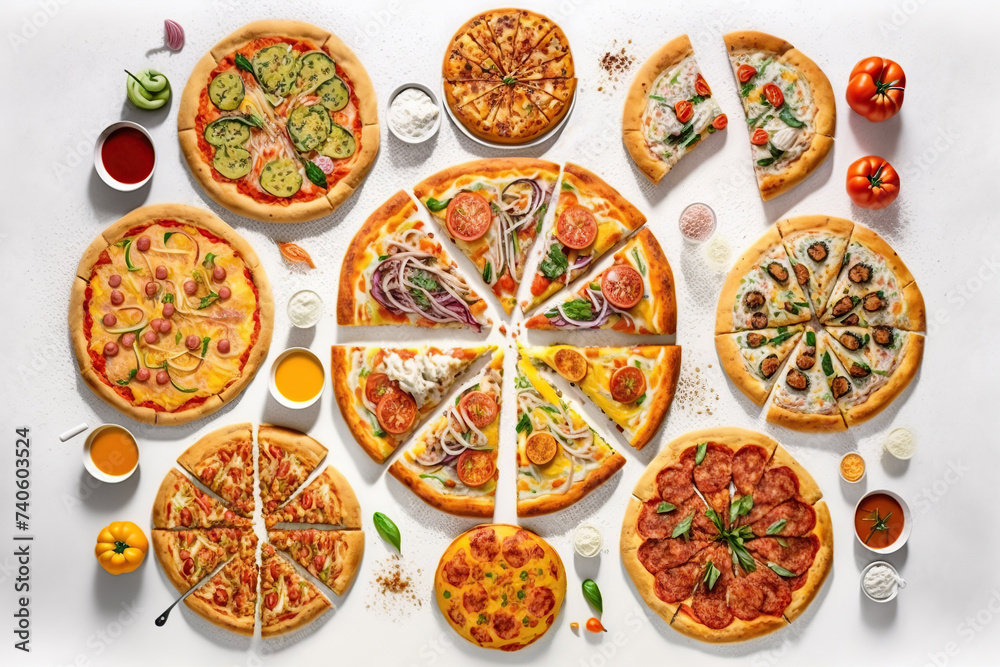 A selection of pizzas with different toppings alongside hot dogs, arranged neatly on a white table.