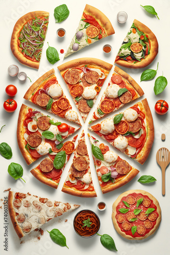 A selection of pizzas with different toppings alongside hot dogs, arranged neatly on a white table.