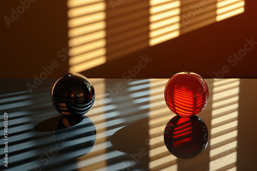 Two spheres rest on a surface, one bathed in light, the other shrouded in darkness, representing a pivotal choice. photo