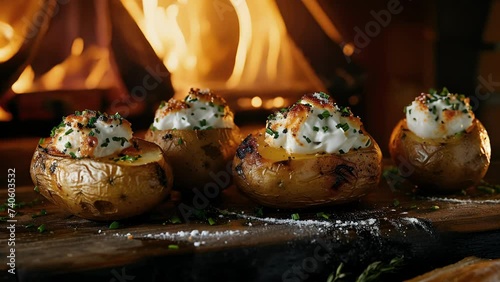Savor the rustic flavors of the countryside with these Fireside Baked Potatoes slowroasted in the open fireplace and served with a creamy and zesty sour cream and chive topping. photo