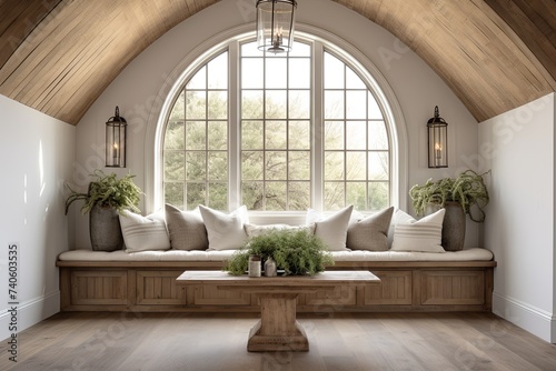Rustic Retreat  Farmhouse Flair Arched Ceiling Home Designs - Wooden Bench Seating Amidst Serene Atmosphere