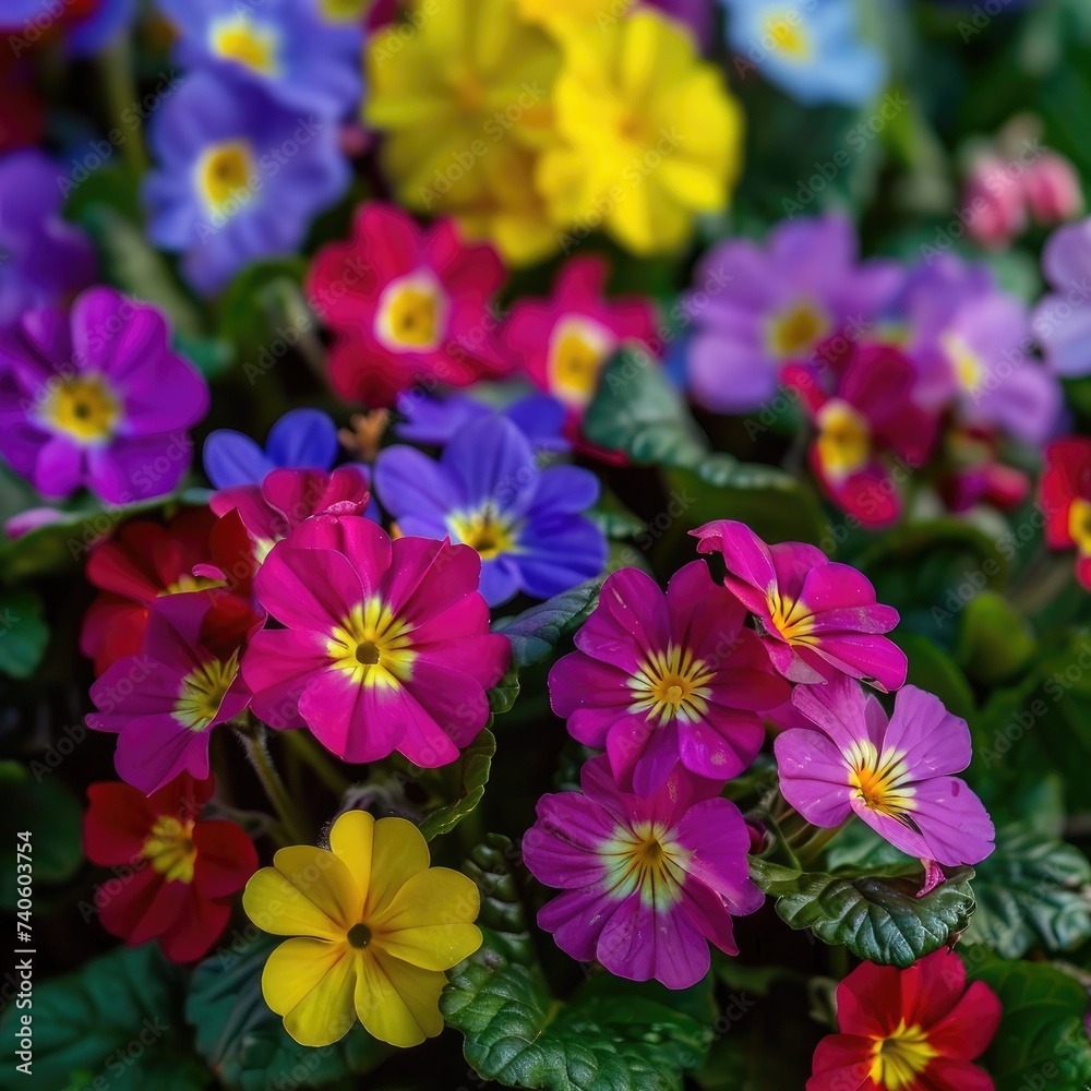 Fototapeta premium Beautiful colorful flowers in full bloom closeup, sky blue, red, purple, green