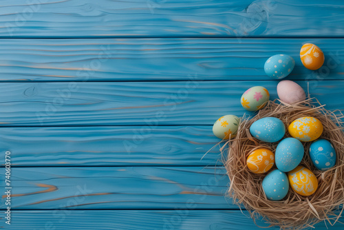 Colorfully painted Easter eggs nestled in straw on rustic blue wooden planks, creating a vibrant holiday background with ample space.