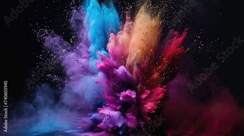 Explosion of multicolored powder in the dark black background ultra