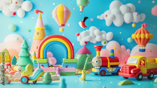A Vibrant Cartoon Food World, a cartoon castle children toys with rainbow.
