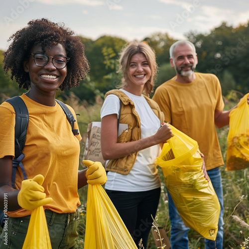 United for a Greener Future: Diverse Volunteers in Gloves Clean Up a Local Park, Demonstrating Teamwork and Environmental Care. photo