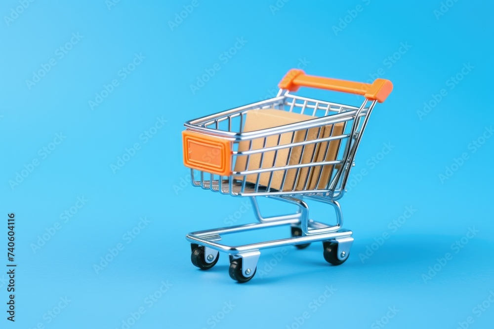 Colourful Miniature Shopping Cart with Small Paper Shopping Bags on Blue Background Colourful Miniature Shopping Cart with Small Paper Shopping Bags on Blue Background