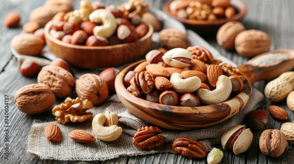 Fototapeta premium Different types of nuts on the table Healthy eating