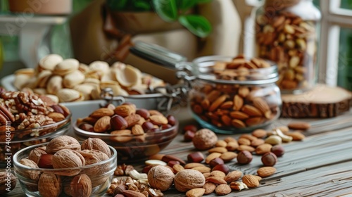 Different types of nuts on the table Healthy eating