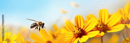 Bee and Flower. Panoramic Close-Up of a Honey Bee Collecting Pollen on Yellow Flower