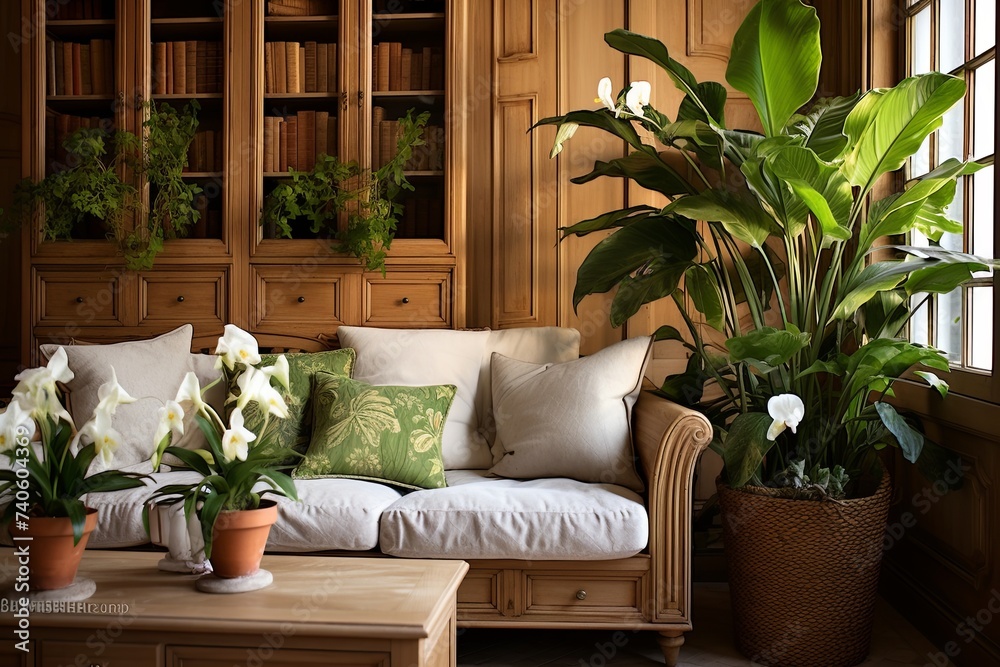 Green Plant French Country Sofa Decor: Wooden Cabinet Designs Showcase
