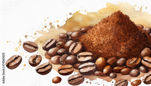 Watercolour of a ground coffee and coffee beans on pure white background canvas, copyspace