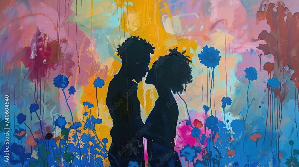 Beautiful young couple in love kissing and embracing on colorful background. Beautiful young couple in love kissing and embracing on colorful background.
