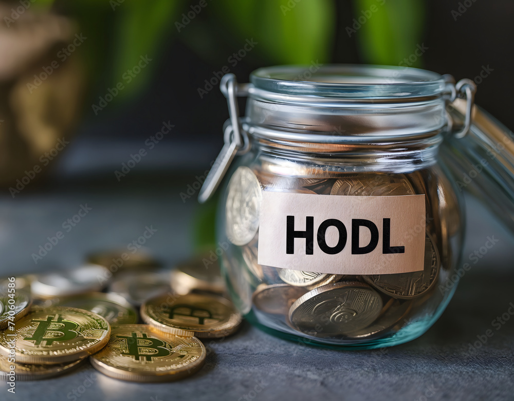 glass jar with bitcoins, bitcoin hodl concept glass jar with bitcoins, bitcoin hodl concept