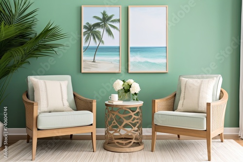 Coastal Style Green Wall Living Room Decor with Armchair and Rug