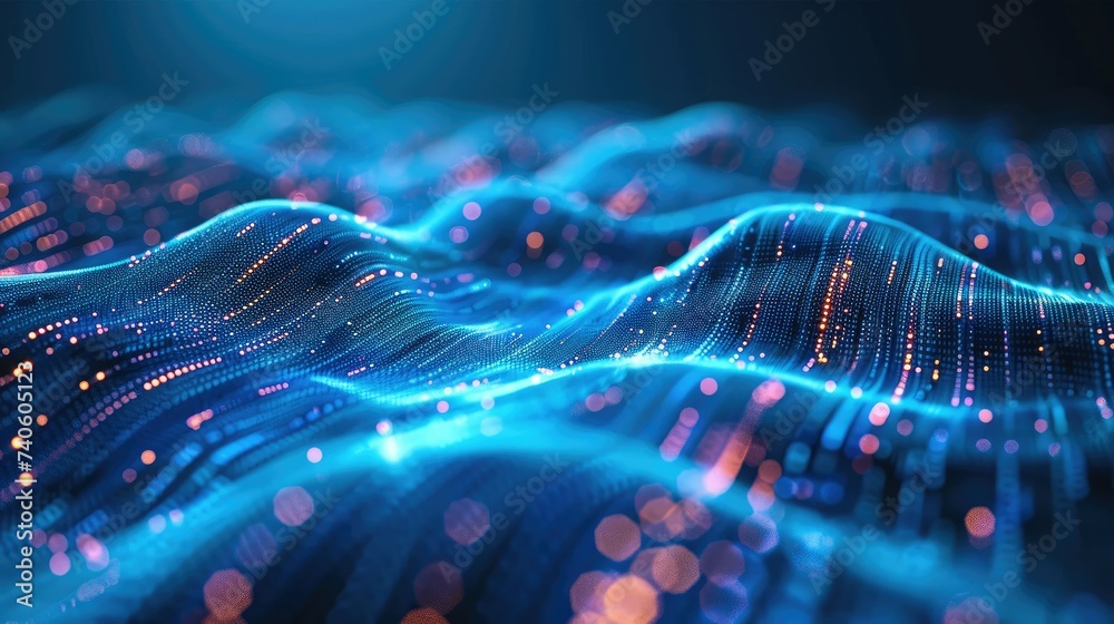 Digital technology concept big data visualization. The flow of a large number of different important information together. Polygonal particles are connected on a dark blue background. Generative AI. - obrazy, fototapety, plakaty 