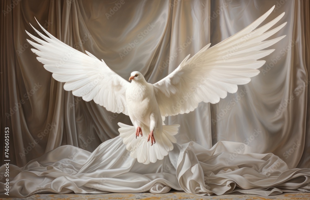 Naklejka premium white dove flying over a white sheets, in the style of christian art and architecture