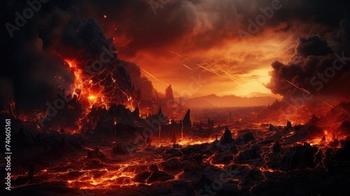 Dramatic Volcanic Landscape: An Apocalyptic Black Background with Bright Burning Eruption