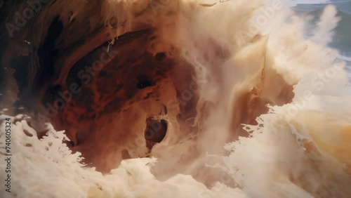 A microscopic view of a tsunamis destructive power, showing tiny particles of debris and sediment suspended in the water as it rushes inland.