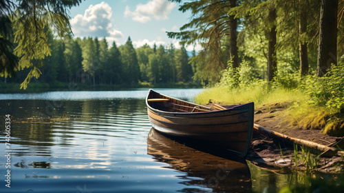 Wooden boat with oars on the shore of a forest.
