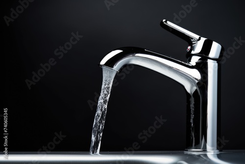 Faucet and Water Flow. A White Tap with Water Flowing on Metal Background