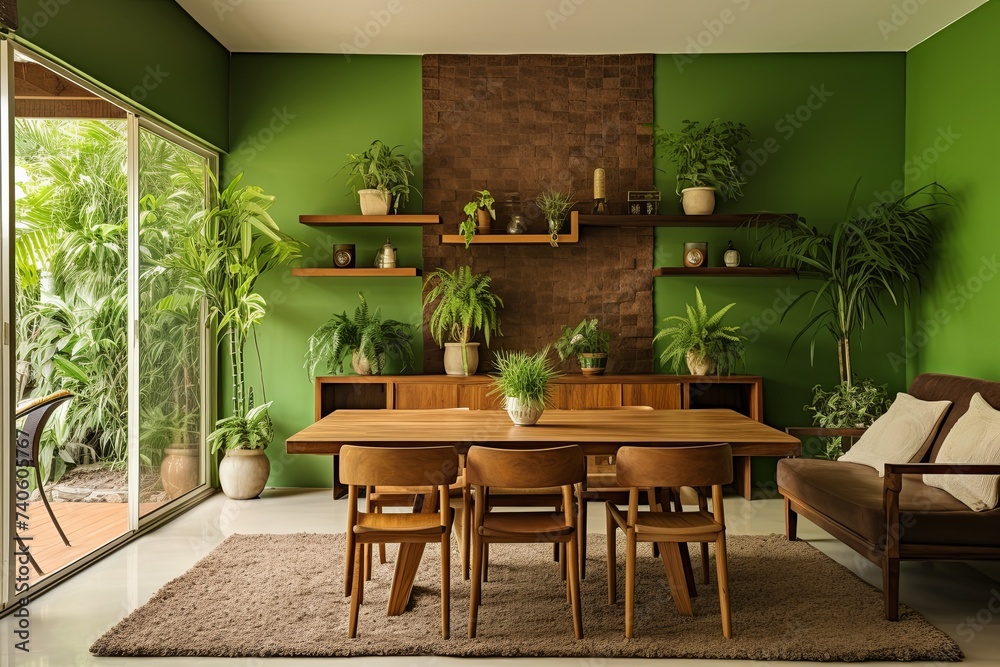 Green Wall Living Room: Wood Dining Table Homescape