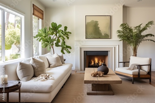 White Sofa Mid-century Room with Fireplace: Comfortable Seating in Home Drawing Room photo