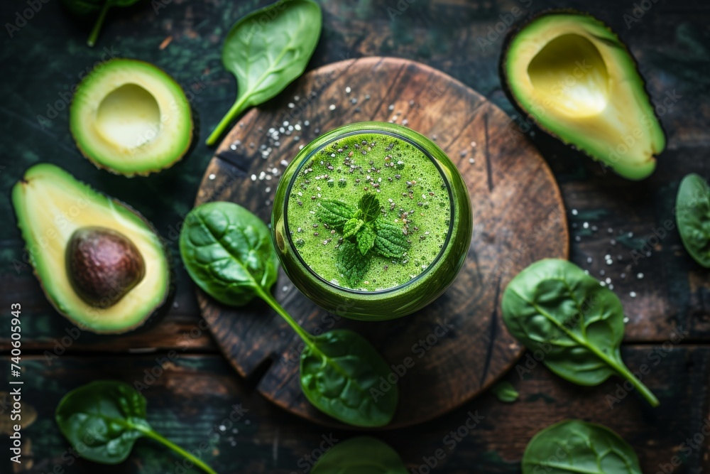 Top view of a green smoothie made with avocado green fruits and spinach on a dark wooden background It represents detox dieting clean eating vegetarian vegan fi - obrazy, fototapety, plakaty 