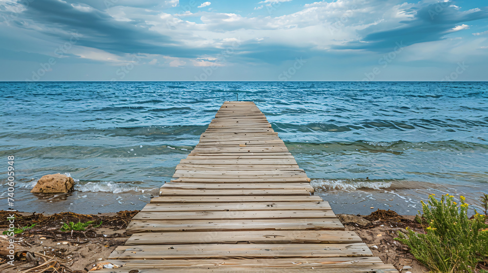 Wooden walkway leading to the sea.