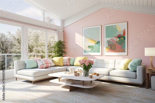 White Sofa Mid-century Room with Big Windows and Pastel Color Palette