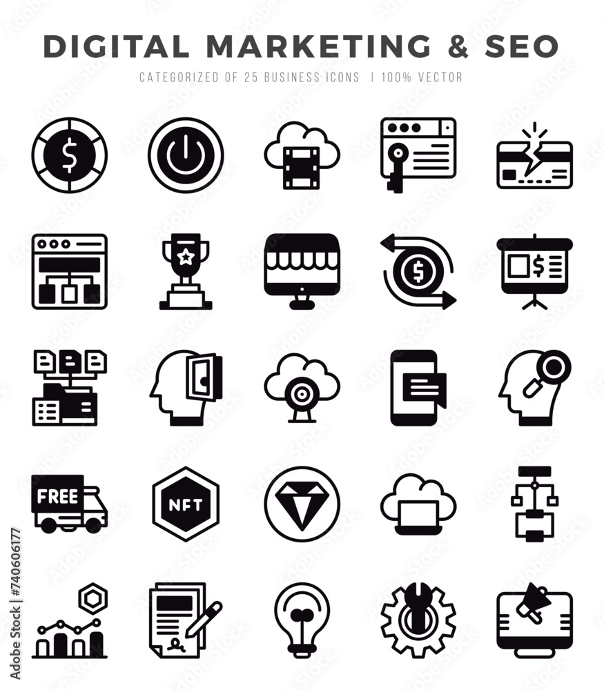 Set of 25 Digital Marketing & SEO Lineal Filled Icons Pack.