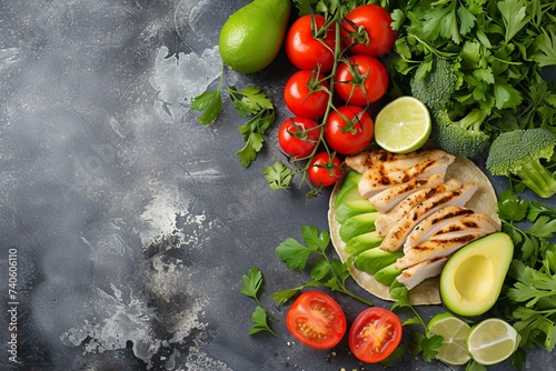 Top view of grilled chicken avocado fresh tomatoes limes on healthy corn tortillas