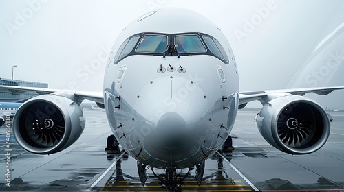 passenger jet window, photographed directly from the front, indoors looking out, overcast, realistic, close up
