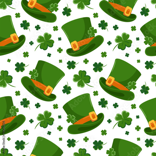 Seamless pattern of St. Patricks Day symbols. Leprechauns, top hat, Cartoon characters. Four-leaf clover. Good luck. Magic, religious traditions. For wallpaper, fabric, wrapping, background