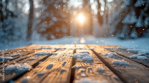 Empty wooden table top with blur background of winter. Generative AI.