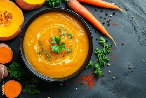 Top view of soup with sweet potatoes carrots and pumpkin