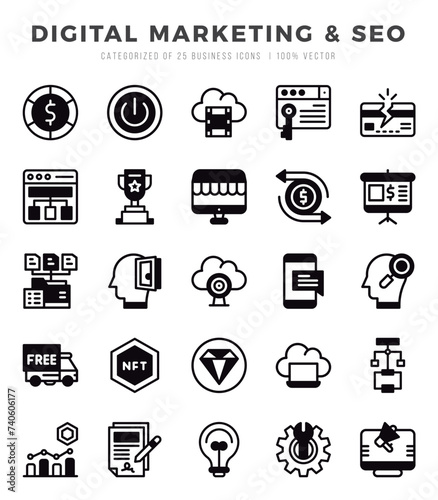 Set of 25 Digital Marketing & SEO Lineal Filled Icons Pack.